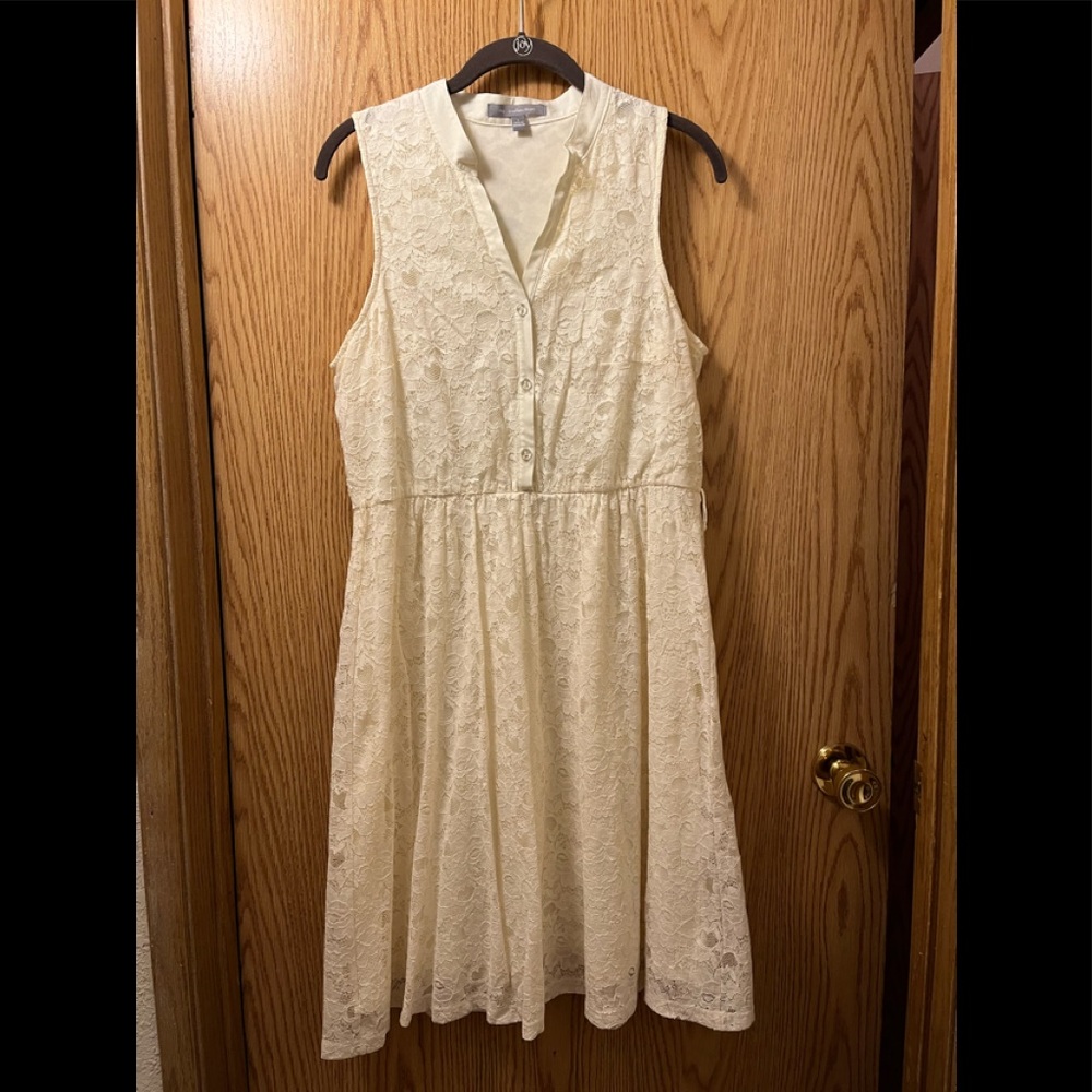 Cream colored sleeveless lace dress with lining and elastic waist.